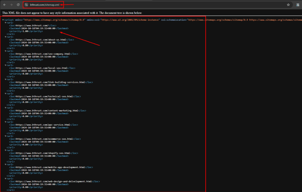 XML sitemap structure